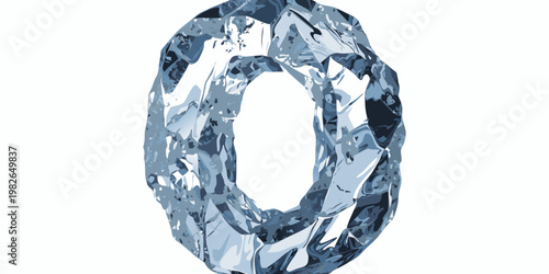 Abstract icy number zero or capital letter o made of fractured blue and clear crystalline elements isolated on white background with strong reflections and sharp edges geometric abstract