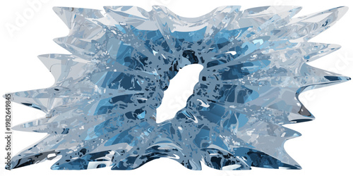 Abstract spiky blue ice star or snowflake shape with central opening and fragmented crystalline texture isolated on white background evoking winter and cold concepts abstract snowflake