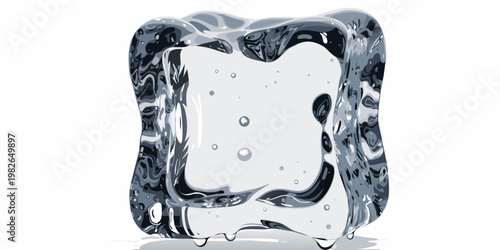 Monochromatic melting ice cube graphic with water drips and bubbles symbolizing coolness thawing temperature change in a neutral palette black and white liquid water drop of water greyscale