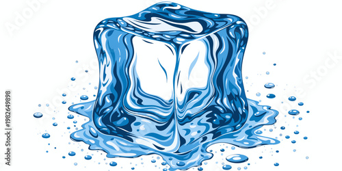 Stylized blue melting ice cube graphic water droplets and a puddle symbolizing coolness refreshment change of state with liquid water drop of water frozen water splash cooling effect