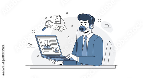 Recruitment specialist with headset and laptop, online hiring process, HR concept