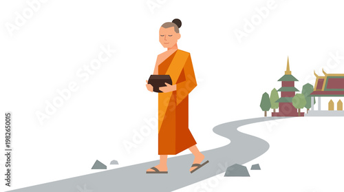 Buddhist monk walks on a serene path with an alms bowl, traditional temple in background, illustrating spiritual journey and cultural practice