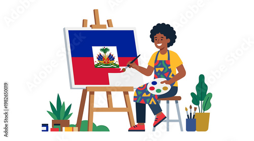 Celebrating artistic talent and cultural heritage, a diverse painter creates a vibrant representation of the Haitian national flag on a canvas, embodying national pride and a fulfilling hobby