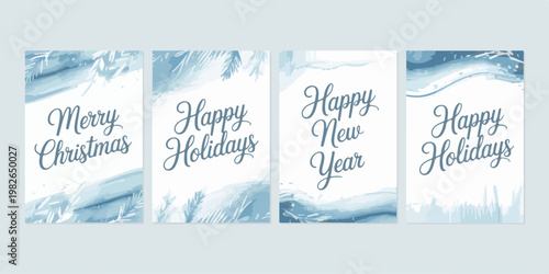 Set of four Christmas and New Year greeting cards with winter theme watercolor brush strokes and calligraphy.