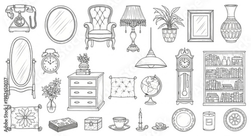Vintage Furniture and Home Decor Sketch Collection.