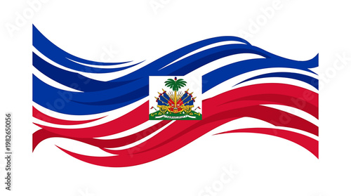 Stylized illustration of the Haitian national banner gracefully flowing, embodying the nation's pride and distinctive identity with its vibrant blue and red colors and central emblem