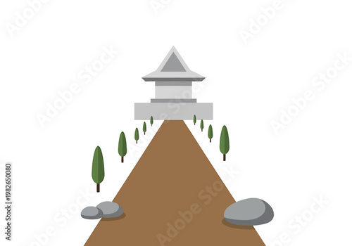 Vector illustration of a tranquil path leading to an ancient, majestic temple structure, symbolizing a journey towards peace and spiritual discovery