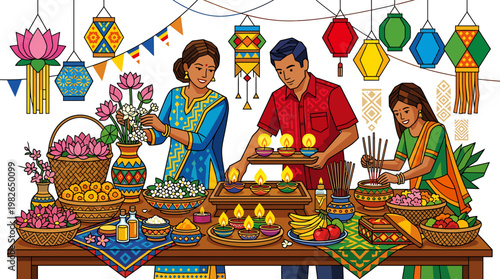 Joyful family celebrates a traditional cultural festival, lighting oil lamps and arranging offerings with vibrant decorations, illustrating heritage and togetherness