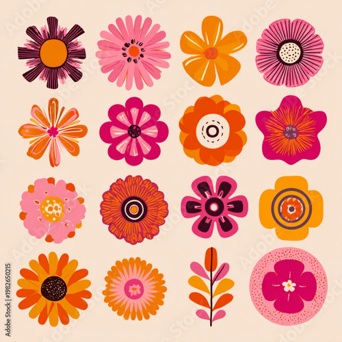 Vibrant Floral Patterns Set Of Colorful Flowers On Beige Background For Design Elements