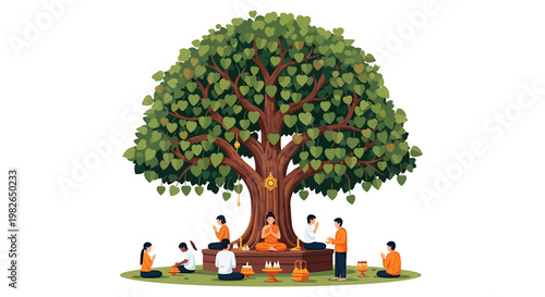 Peaceful spiritual ceremony illustration featuring people practicing mindfulness and offering respect under a majestic, leafy tree, symbolizing serenity and devotion and spiritual reflection