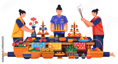 Three people arranging a vibrant traditional offering table with candles, flowers, and fruits for a cultural celebration or ceremony, showcasing festive preparations