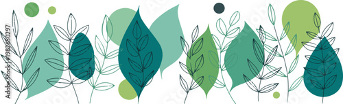 Abstract illustration of leaves and shapes in a fresh palette of green and teal for nature-inspired wall art or banner.