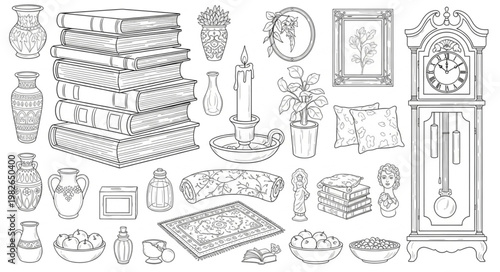 Vintage Home Decor Objects Collection Line Art.