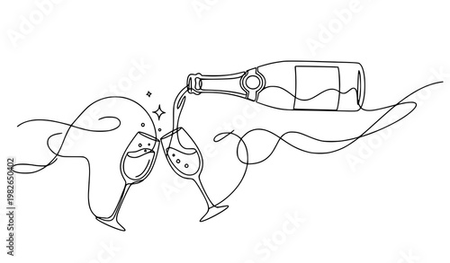 Abstract one line champagne bottle and glasses vector illustration with flowing celebration design isolated on white background