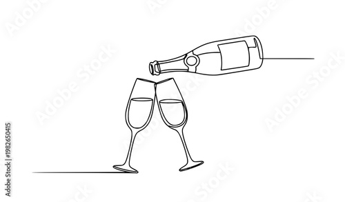 Continuous one line drawing champagne bottle and glasses vector illustration in minimal editable stroke style isolated on white