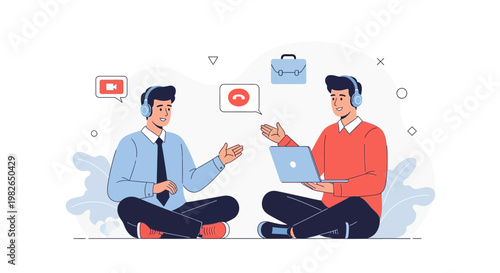 Two men in headphones having a video call, working remotely, collaboration
