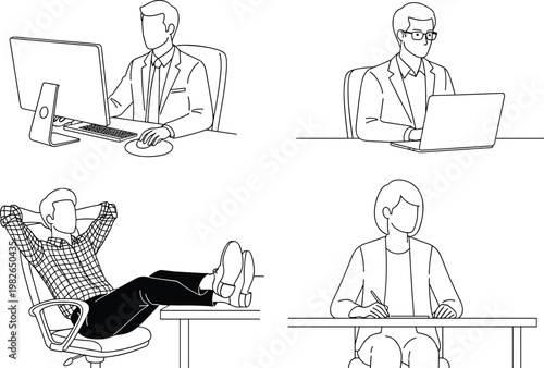 Business people working at desk vector illustration set showing office employees using computer, laptop work, relaxing manager and professional workspace line art