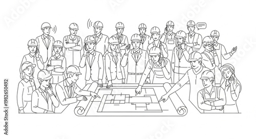 Vintage Illustration of a Group of People Engaged in a Strategic Meeting Around a Table.