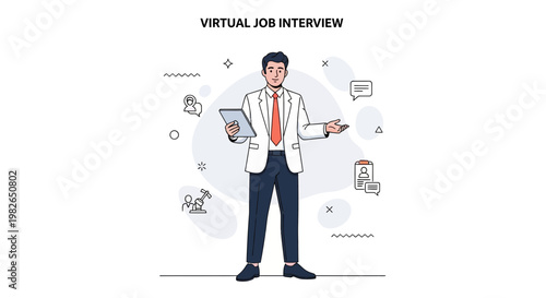 Virtual Job Interview: Man in Suit with Tablet and Icons