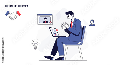 Virtual Job Interview: Candidate on Video Call with Employer, Handshake Icon
