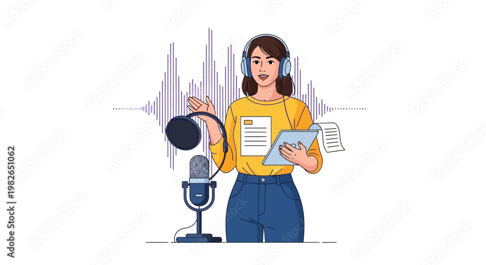 Fototapeta premium Voiceover artist recording audio with headphones and microphone, sound waves background