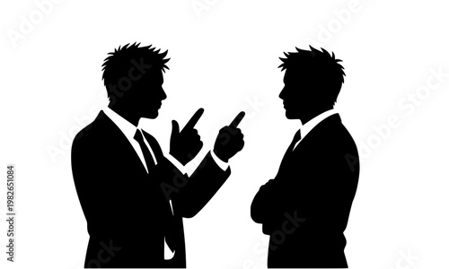  Black silhouette of two businessmen arguing and pointing fingers in a confrontation, illustrating workplace conflict, disagreement, debate, or business dispute on white background