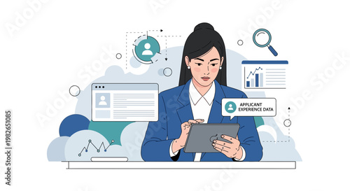 Woman analyzing applicant experience data on tablet with charts and magnifying glass