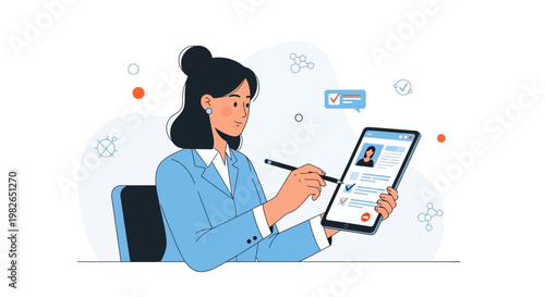 Woman filling out online form on tablet, digital signature, remote work concept