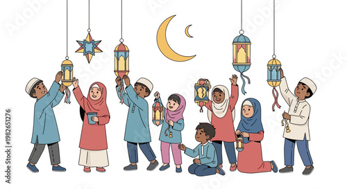 Festive illustration of diverse children joyfully hanging colorful lanterns and crescent moon decorations in celebration of Ramadan or Eid against a bright white background