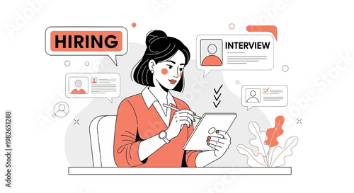 Woman hiring employee, reviewing resumes and conducting interview on tablet