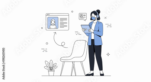 Woman in mask and headset with tablet, online interview, remote work, job search