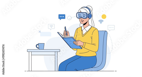 Woman in VR headset learning and taking notes, virtual reality education concept