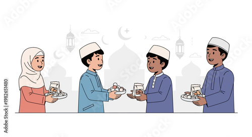 Cartoon illustration of four children in traditional Muslim clothing exchanging food and drinks in glass jars and on plates against a white background with a mosque and lanterns