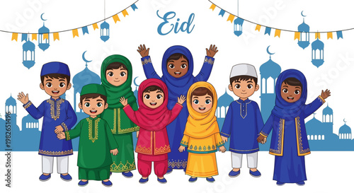Cartoon children of diverse ethnicities and colorful traditional Islamic clothing celebrate Eid with festive garlands against a background of blue mosque silhouettes, conveying a sense