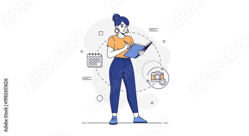 Woman planning tasks with calendar and camera icon, business concept illustration