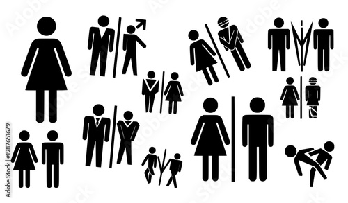 Assorted lady and gentleman symbols vector set with restroom pictogram icons in dynamic layout isolated on white background