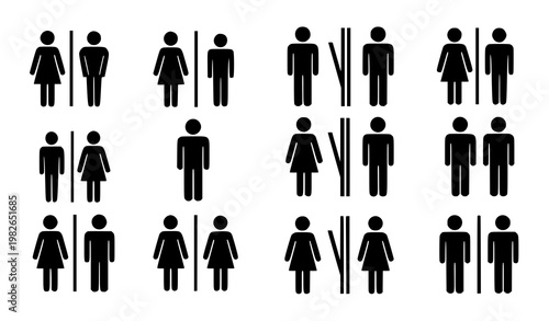 Lady and gentleman restroom symbols vector set with male and female pictogram icons isolated on white background for signage design