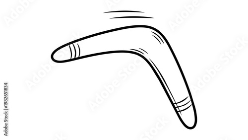 Hand-drawn minimalist black line vector icon of a curved boomerang on a white background. This scalable illustration represents Australian culture, traditional hunting tools, and returning motion.