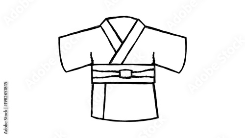 Minimalist black line vector icon illustration of a traditional Japanese kimono or yukata robe with a belt, hand-drawn outline style on a white background for cultural and fashion design.