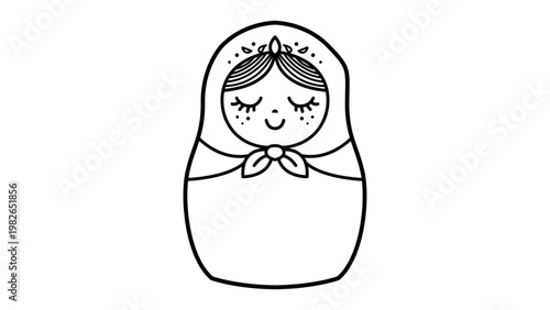 Matryoshka Doll Vector Icon Illustration: A Minimalist Black Line Drawing of a Traditional Russian Nesting Doll on a White Background. Hand-Drawn Outline Style, Scalable and Clean Graphic Design.