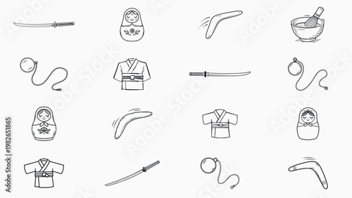 Minimalist Hand-Drawn Vector Icon Set Bundle Featuring 16 Black Line Illustrations of Japanese Kimono, Katana Sword, Matcha Tea, Russian Matryoshka Dolls, Boomerangs, and Vintage Monocle Eyewear.