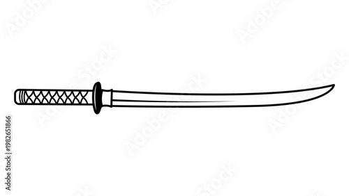 Minimalist black line vector icon illustration of a traditional Japanese katana samurai sword, hand-drawn outline style on a white background, clean scalable SVG graphic for creative design.