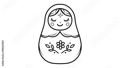 Matryoshka Doll Vector Icon: A minimalist black line illustration on a white background representing a traditional Russian nesting doll with floral patterns, hand-drawn outline style, scalable.
