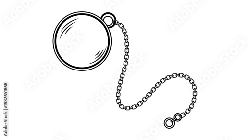 Monocle with chain vector icon illustration. A minimalist black line drawing on a white background representing a vintage single lens eyewear for gentlemen. Scalable hand-drawn outline design.