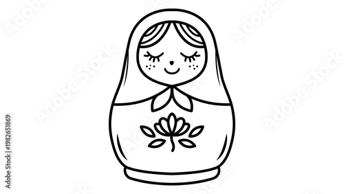 Matryoshka Doll Vector Icon: A minimalist black line illustration of a traditional Russian nesting doll on a white background, perfect for cultural designs, logos, and decorative graphics.