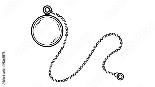 Minimalist black line vector icon of a classic monocle with a long chain, hand-drawn outline illustration on a white background, perfect for vintage, gentleman, or steampunk design projects.