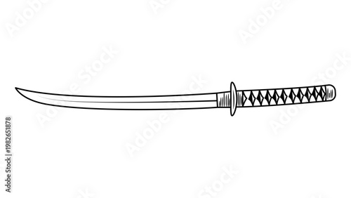 Minimalist black line vector icon of a traditional Japanese samurai sword or katana, hand-drawn outline illustration on a white background, perfect for martial arts, history, and culture designs.