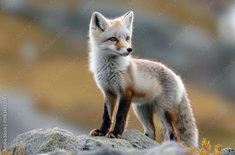 Fototapeta premium alert young fox standing on a mossy rock in a golden blurred landscape, curious and poised