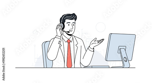 Customer service representative with headset and computer, modern illustration