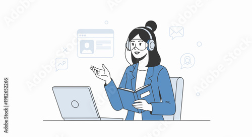 Woman with headphones reading book at desk with laptop, online learning concept